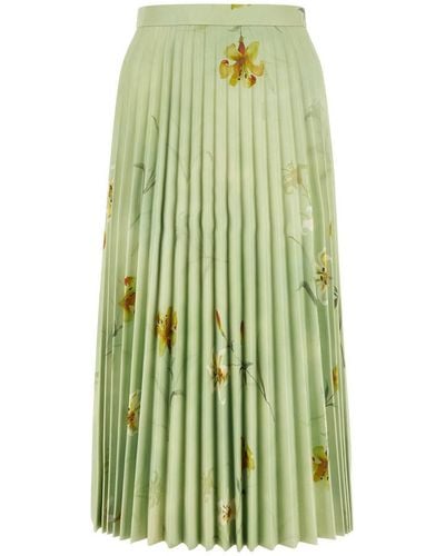 Balenciaga Floral-printed Plisse Leather Midi Skirt - Green