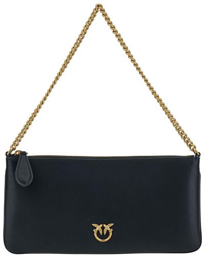 Pinko Black Horizional Flat Pouch With Love Birds Diamond Logo In Leather Woman - Blue