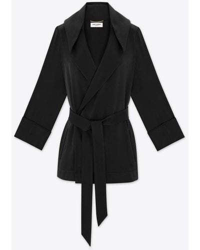Saint Laurent Hooded Jacket In Crepe Satin - Black