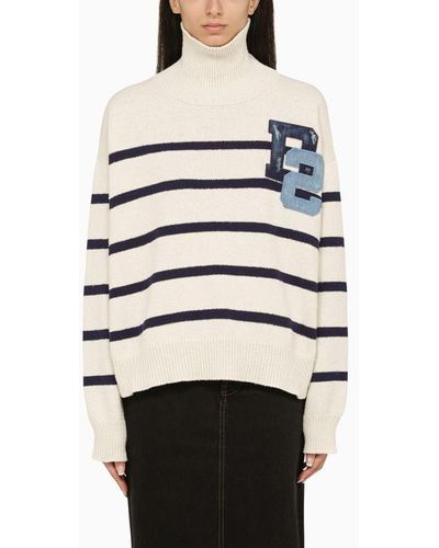 DSquared² Blue/white Striped Turtleneck Jumper With Logo