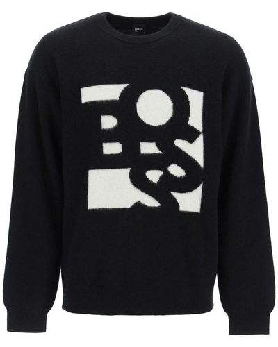 BOSS by HUGO BOSS Virgin Wool And Cashmere Sweater With Shaken Logo - Black
