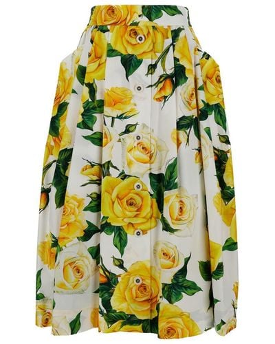 Dolce & Gabbana Midi Skirt With All-Over Flower Print - Yellow