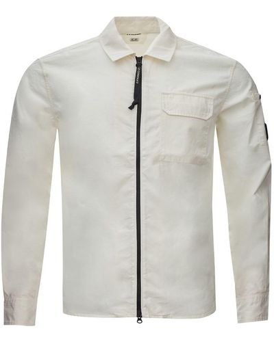 C.P. Company White Cotton Overshirt With Logo - Grey