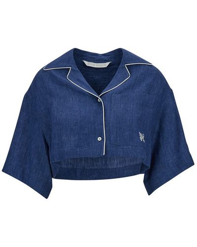Palm Angels Cropped Shirt With Embroidered Logo - Blue