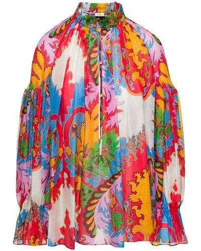 Etro Multicolour Blouse With Puff Sleeves And All-over Graphic Print In Silk And Cotton Blend Woman - Red