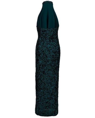 ROTATE BIRGER CHRISTENSEN Long Green Halterneck Dress With All-over Paillettes In Recycled Fabric Woman - Blue
