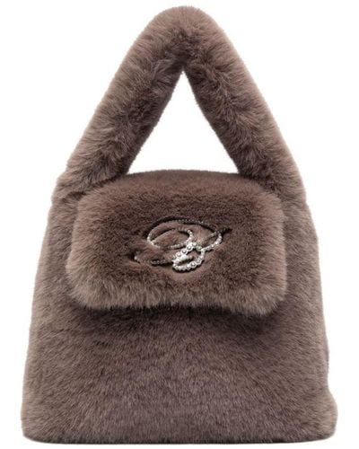 Blumarine Faux Fur Mini Bag With Flap And Logo - Brown