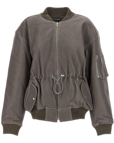 David Koma Oversize Leather Bomber Jacket Casual Jackets - Gray