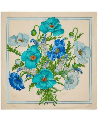 Ferragamo Poppies Print Silk Foulard - Blue