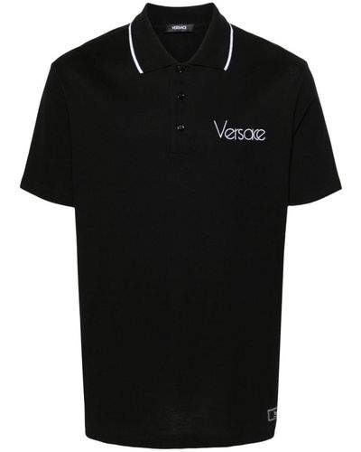 Versace Cotton Polo With Logo And Collar Stripe - Black