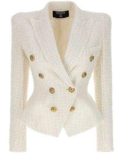 Balmain Double-Breasted Tweed Blazer With Logo Buttons - White
