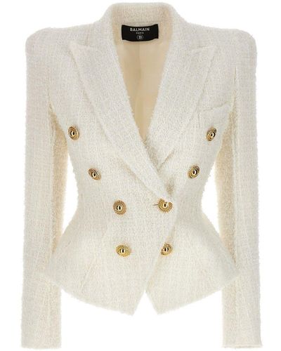 Balmain Double-breasted Tweed Blazer With Logo Buttons Blazer And Suits - White