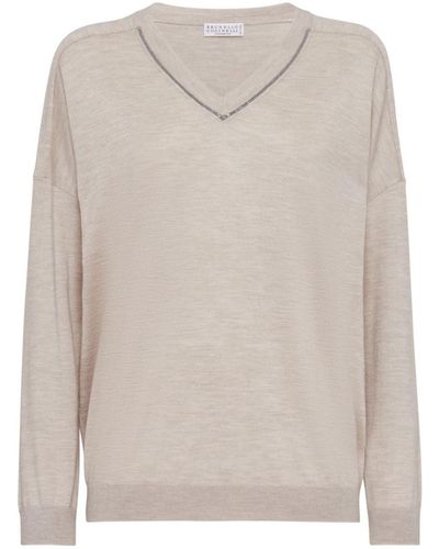 Brunello Cucinelli Cashmere And Silk Blend V-Necked Sweater - Natural