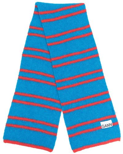 Ganni Striped-knit Scarf - Blue