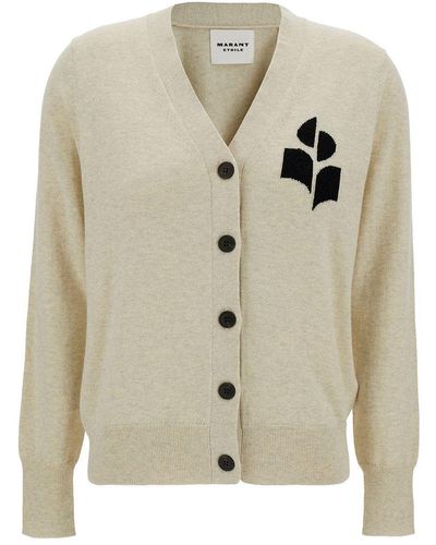 Isabel Marant Beige Cardigan With Contrasting Logo Detail At The Front In Cotton And Wool Blend Woman - Natural