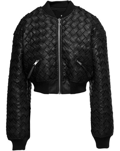 ROTATE BIRGER CHRISTENSEN Black Cropped Bomber Jacket In Braided Faux Leather