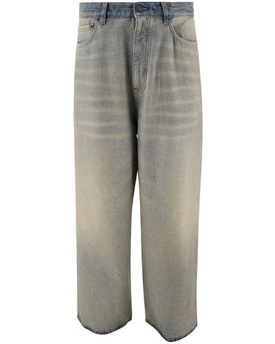 Balenciaga Light Indigo Baggy Jeans With Logo Patch In Cotton Denim Man - Gray