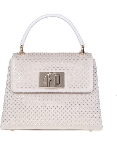 Furla 1927 Mini Top Handle In Velvet With Applied Strass - White