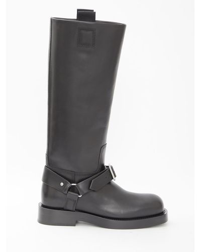 Burberry Leather & Raffia Buckle Boots. - Grey