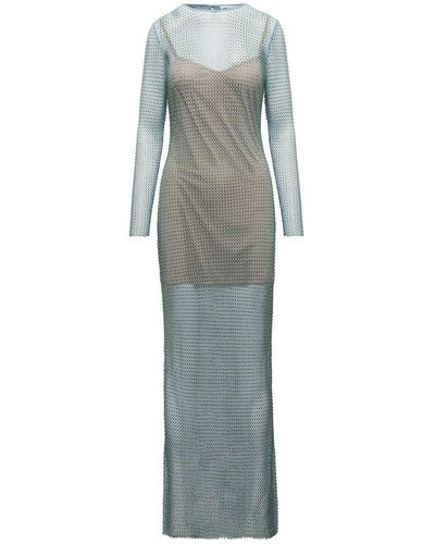 Self-Portrait Crystal Embellished Fishnet Dress In Light-blue Technical Fabric Woman - Gray