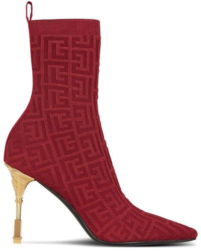 Balmain Moneta-monogram 95mm Knit Ankle Boots - Red
