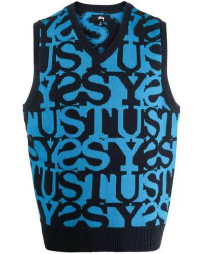 Stussy Intarsia-knit Logo V-neck Vest - Blue
