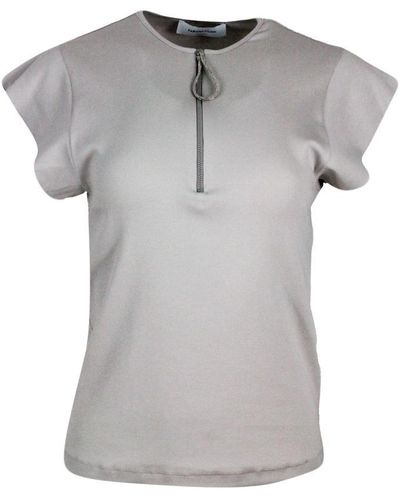 Fabiana Filippi Short-Sleeved Round-Neck Cotton Jersey T-Shirt With Zip And Embellished With Rows Of Brilliant Jewels On The Zip Puller - Grey