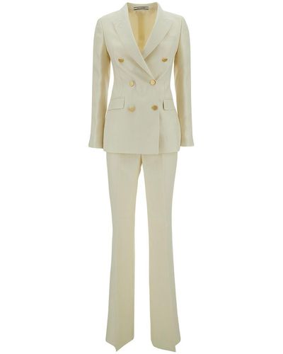 Tagliatore Beige Double-breasted Suit With Golden Buttons In Linen Woman - Natural