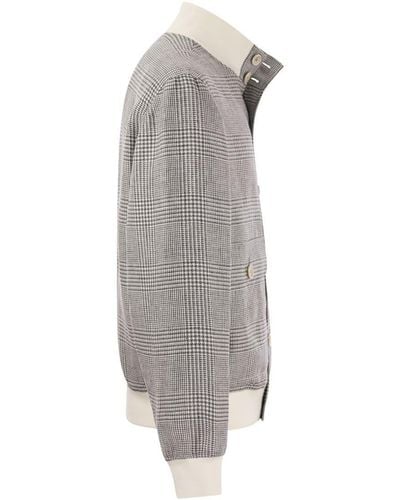 Brunello Cucinelli Linen, Wool And Silk Checked Jacket - Gray