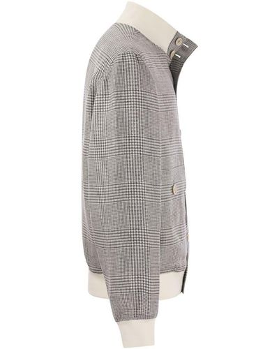 Brunello Cucinelli Linen, Wool And Silk Checked Jacket - Grey
