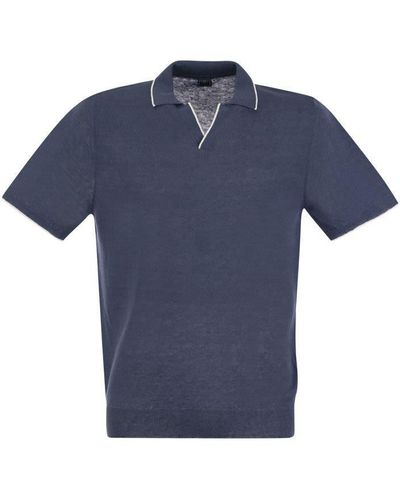 Fedeli Polo Shirt With Open Collar In Linen And Cotton - Blue