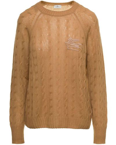 Etro Braided Pullover With Embroidered Logo On The Chest - Brown