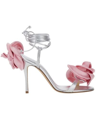 Magda Butrym Silver Strappy Sandals With 3d Flower In Silk Blend Woman - Pink