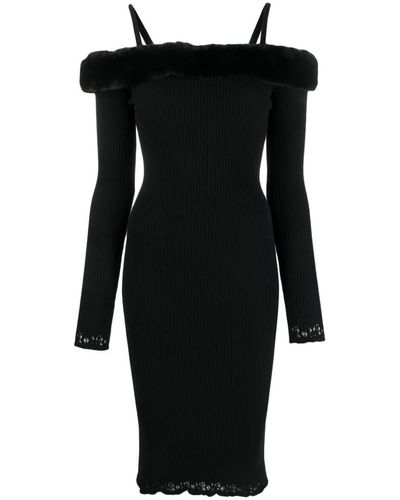 Blumarine Faux Fur Neck Midi Dress - Black