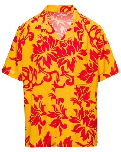 ERL Orange Bowling Shirt With Tropical Flowers Print In Viscose