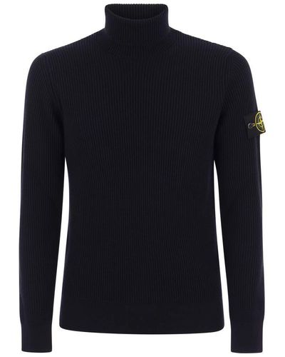 Stone Island Ribbed Turtleneck Sweater In Wool - Blue