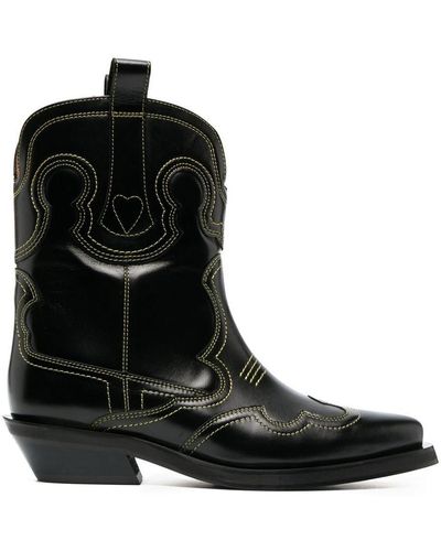 Ganni Leather Western Boots - Black
