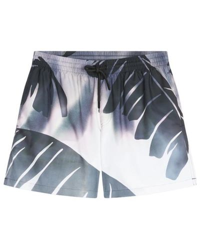 Dries Van Noten Fitted Swim Shorts With A Giant Watercolor Palm Tree Print - Blue