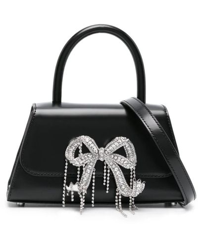 Self-Portrait Bow Mini Leather Tote Bag With Crystal Details - Black