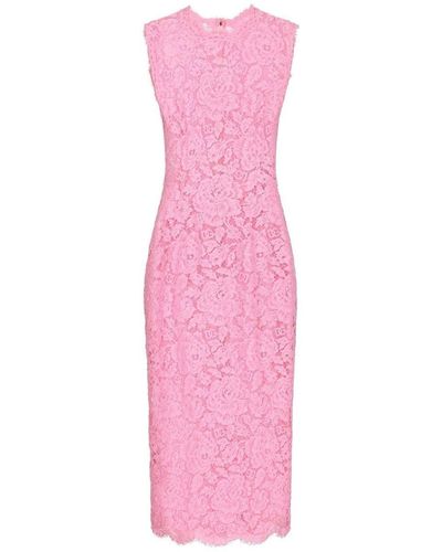 Dolce & Gabbana Branded Stretch Lace Midi Dress - Pink