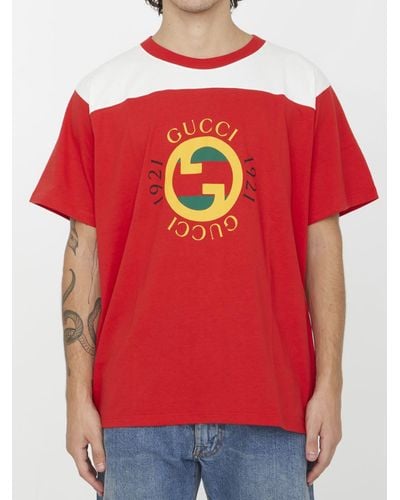 Gucci Logo Printed Cotton T Shirt - Red