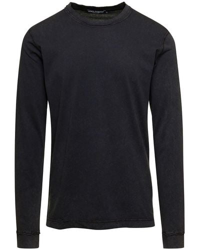 Dolce & Gabbana Black Long Sleeves Crewneck T-shirt In Cotton Man - Blue