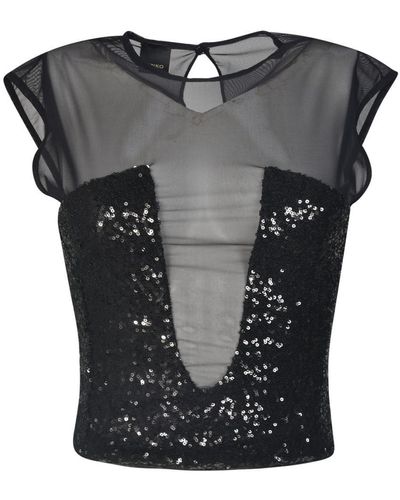 Pinko Sequin Embroidered Tulle Top - Black