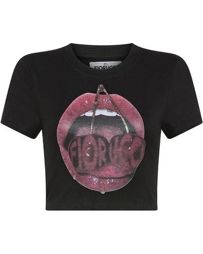 Fiorucci Cotton Stretch T-Shirt With Mouth And Cherry Print - Black