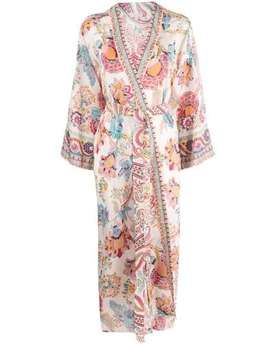 Anjuna Printed Satin Belted Kimono - White