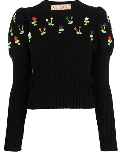 Cormio Floral-embroidery Wool Sweater - Black