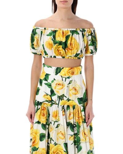 Dolce & Gabbana Bardot-neck Top With Roses Print - Yellow