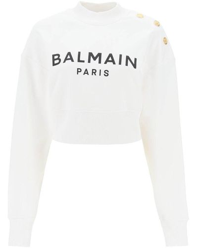 Balmain Cropped Sweatshirt With Logo Print And Buttons - White