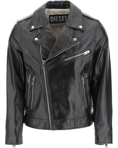 DIESEL Drummed Leather Biker Jacket - Black