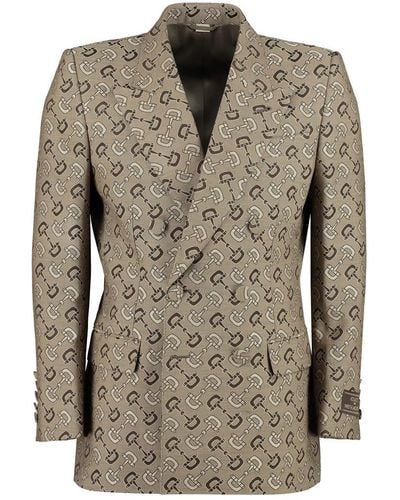 Gucci Double-breasted Logo-jacquard Cotton And Wool-blend Twill Blazer - Brown